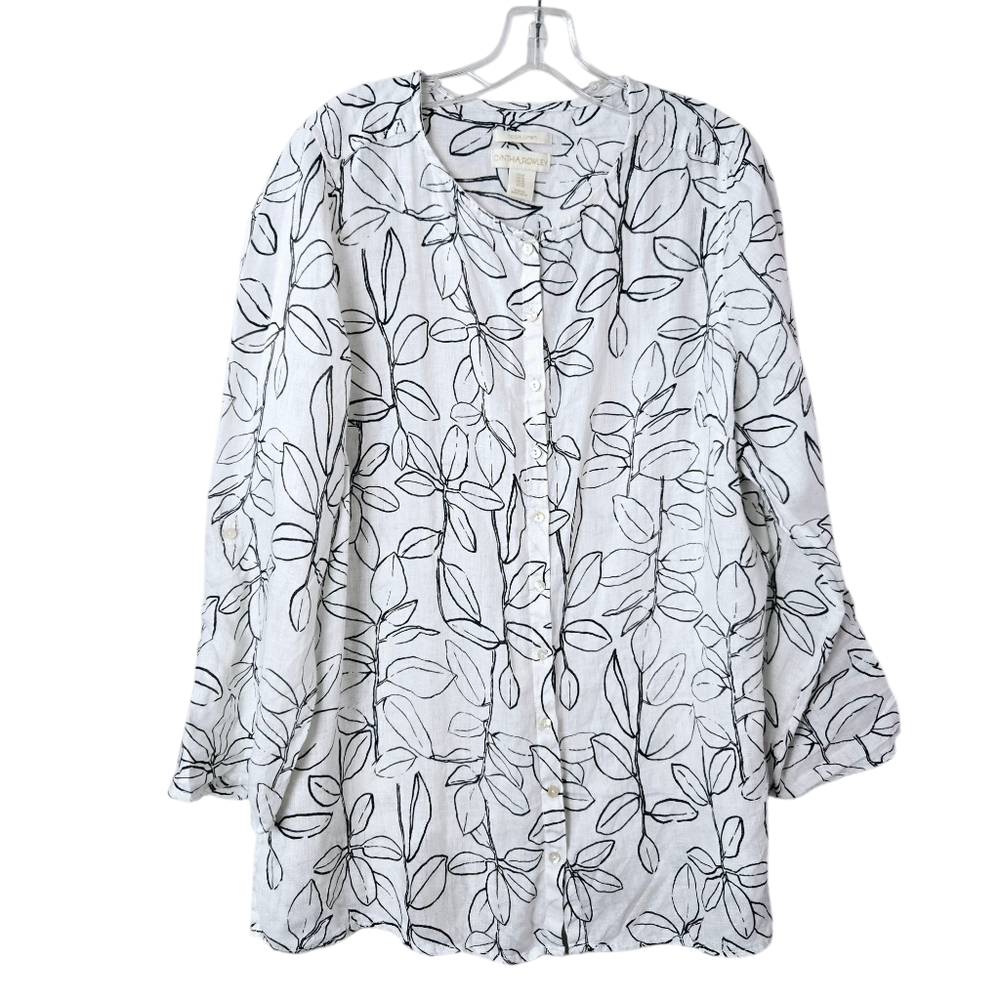 Cynthia Rowley 1X 100% Linen‎ White Black Floral Roll-Tab Button-Up Blouse Top